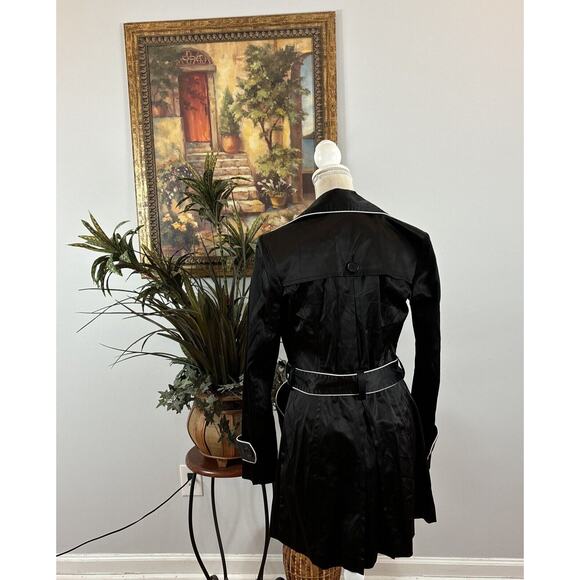 iz Byer California Black Trench Jacket S Padded Shoulder Pockets Button Front - Picture 5 of 14